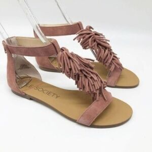 SOLE SOCIETY 'Koa' Fringe T-Strap Flat Sandals 6.5